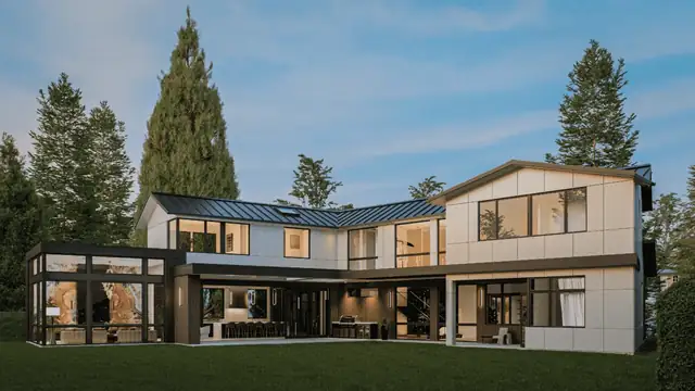 Modern two-story home built by ARIID with large black-framed windows, white siding and a covered outdoor room among tall evergreens